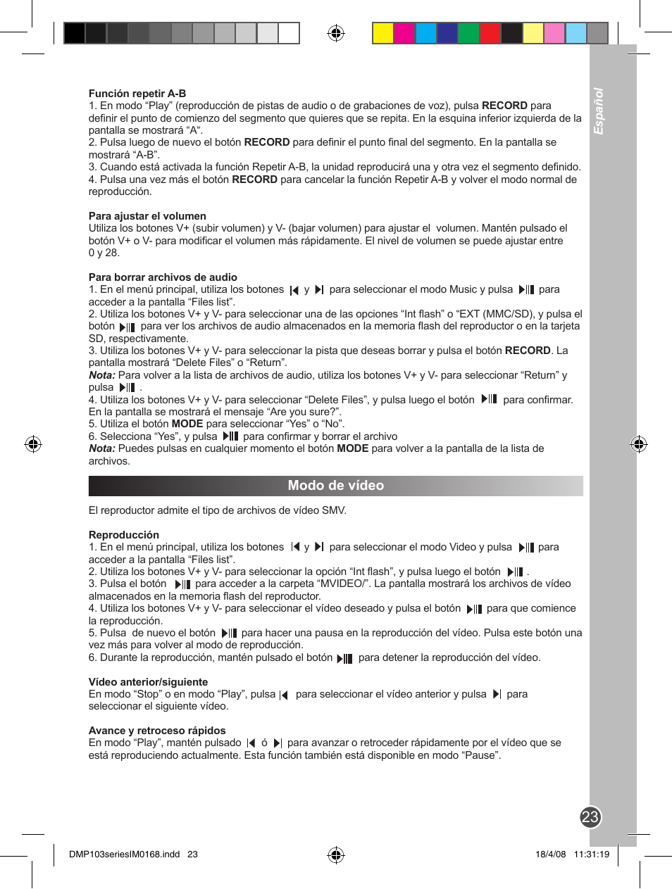 Modo de vídeo | Lexibook DMP103SP User Manual | Page 23 / 66