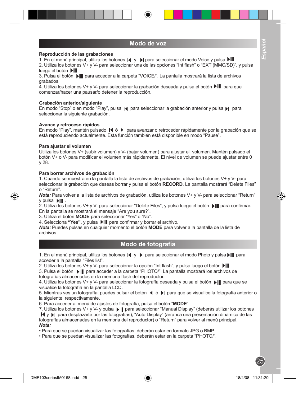 Modo de voz, Modo de fotografía | Lexibook DMP103SP User Manual | Page 25 / 66