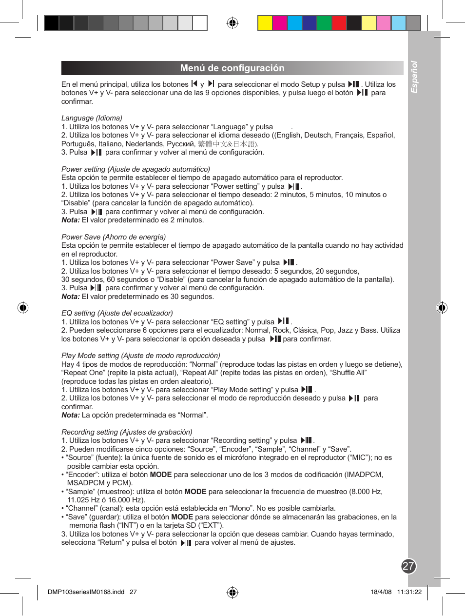 Menú de configuración | Lexibook DMP103SP User Manual | Page 27 / 66