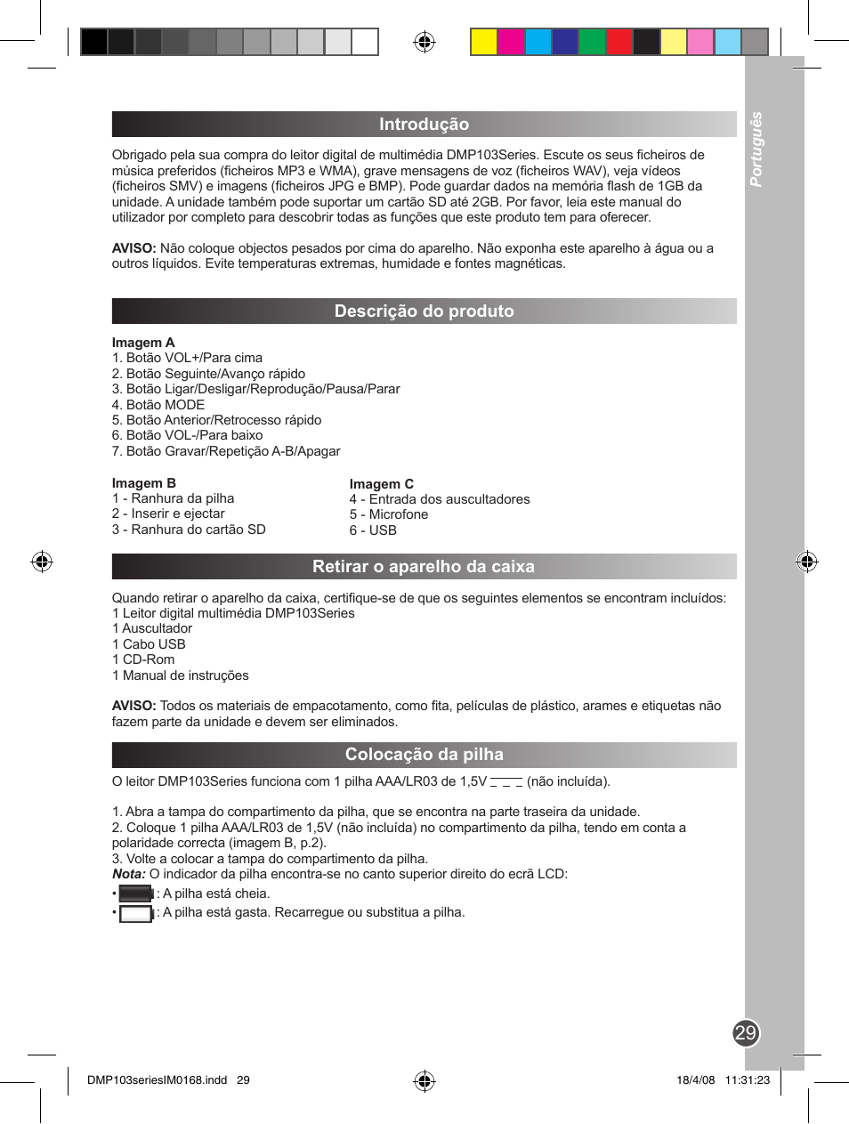 Introdução, Descrição do produto, Retirar o aparelho da caixa | Colocação da pilha | Lexibook DMP103SP User Manual | Page 29 / 66