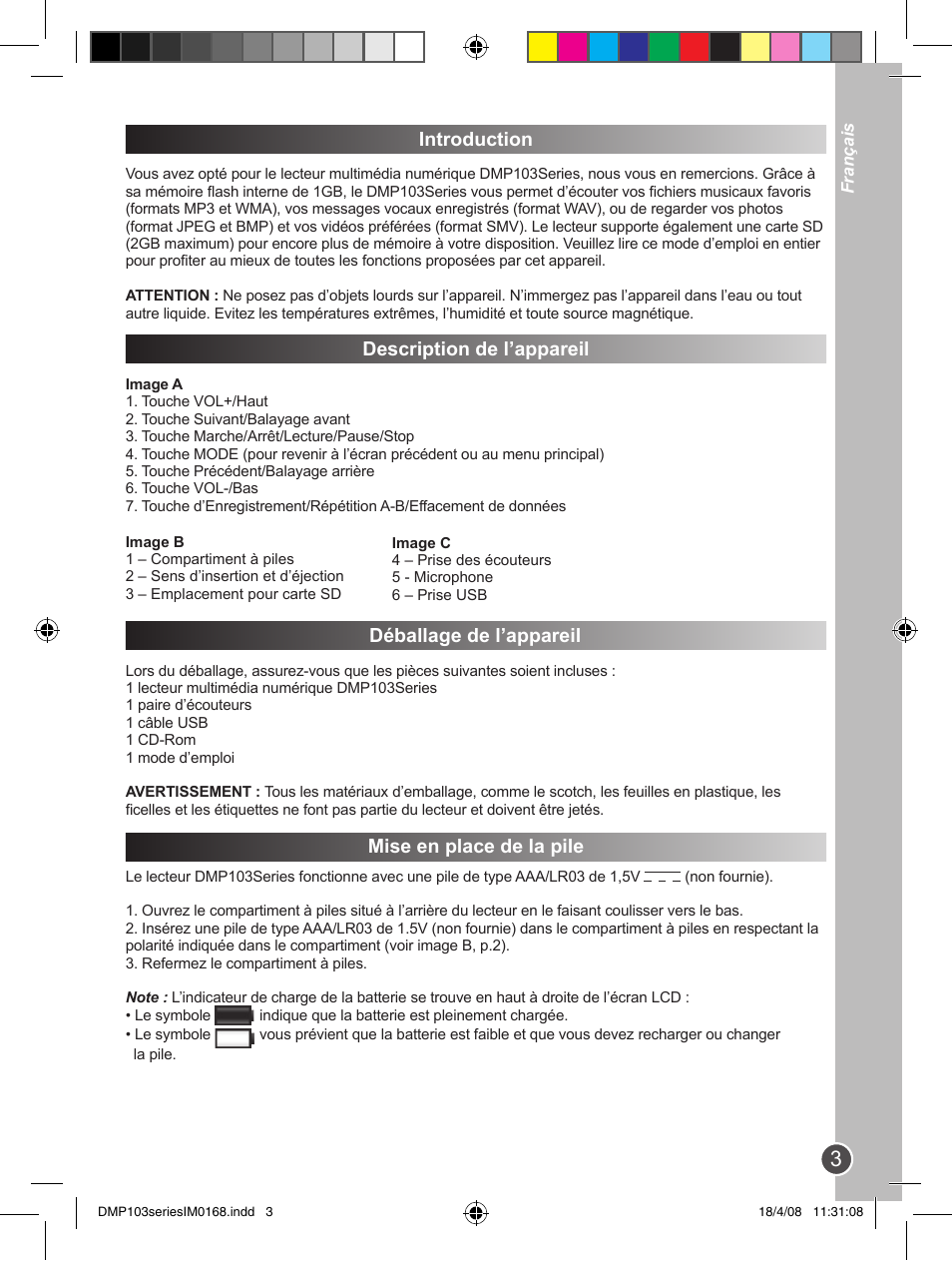 Introduction, Description de l’appareil, Déballage de l’appareil | Mise en place de la pile | Lexibook DMP103SP User Manual | Page 3 / 66
