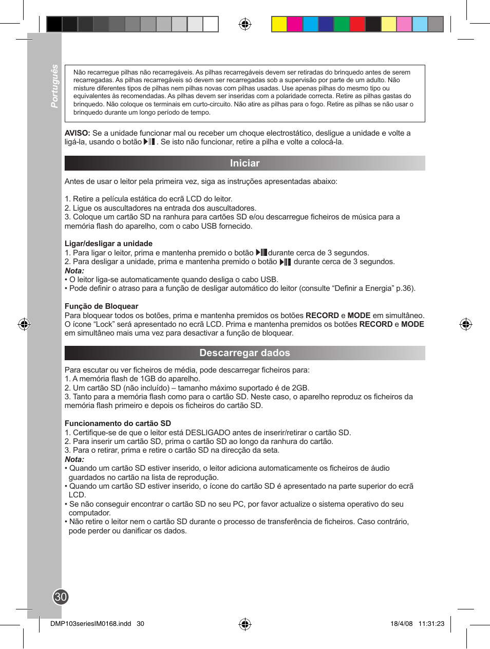 Iniciar, Descarregar dados | Lexibook DMP103SP User Manual | Page 30 / 66