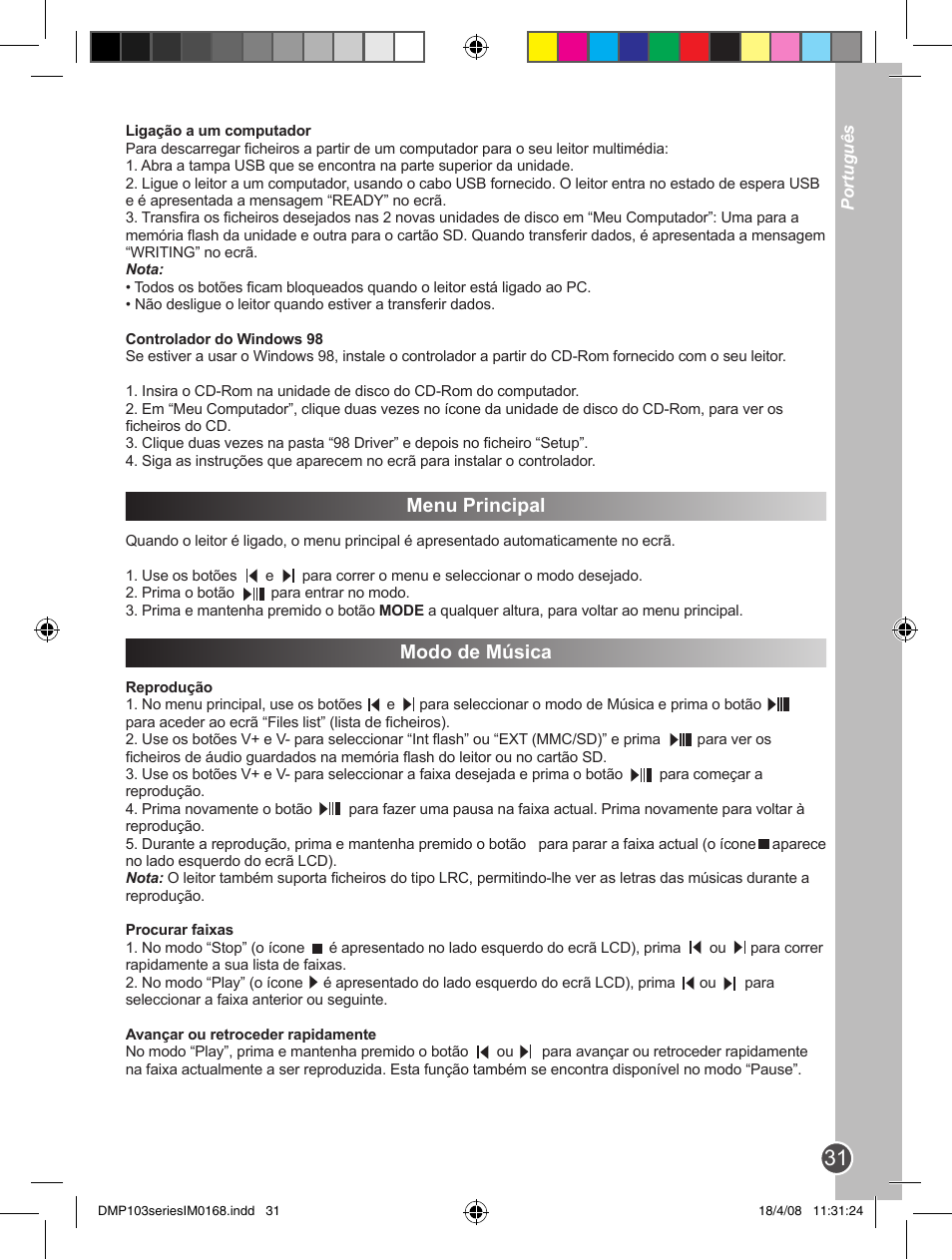 Menu principal, Modo de música | Lexibook DMP103SP User Manual | Page 31 / 66