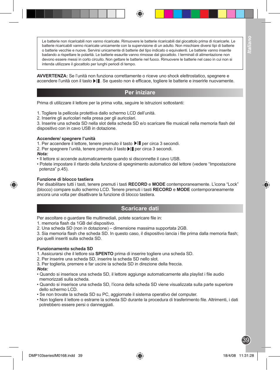 Per iniziare, Scaricare dati | Lexibook DMP103SP User Manual | Page 39 / 66