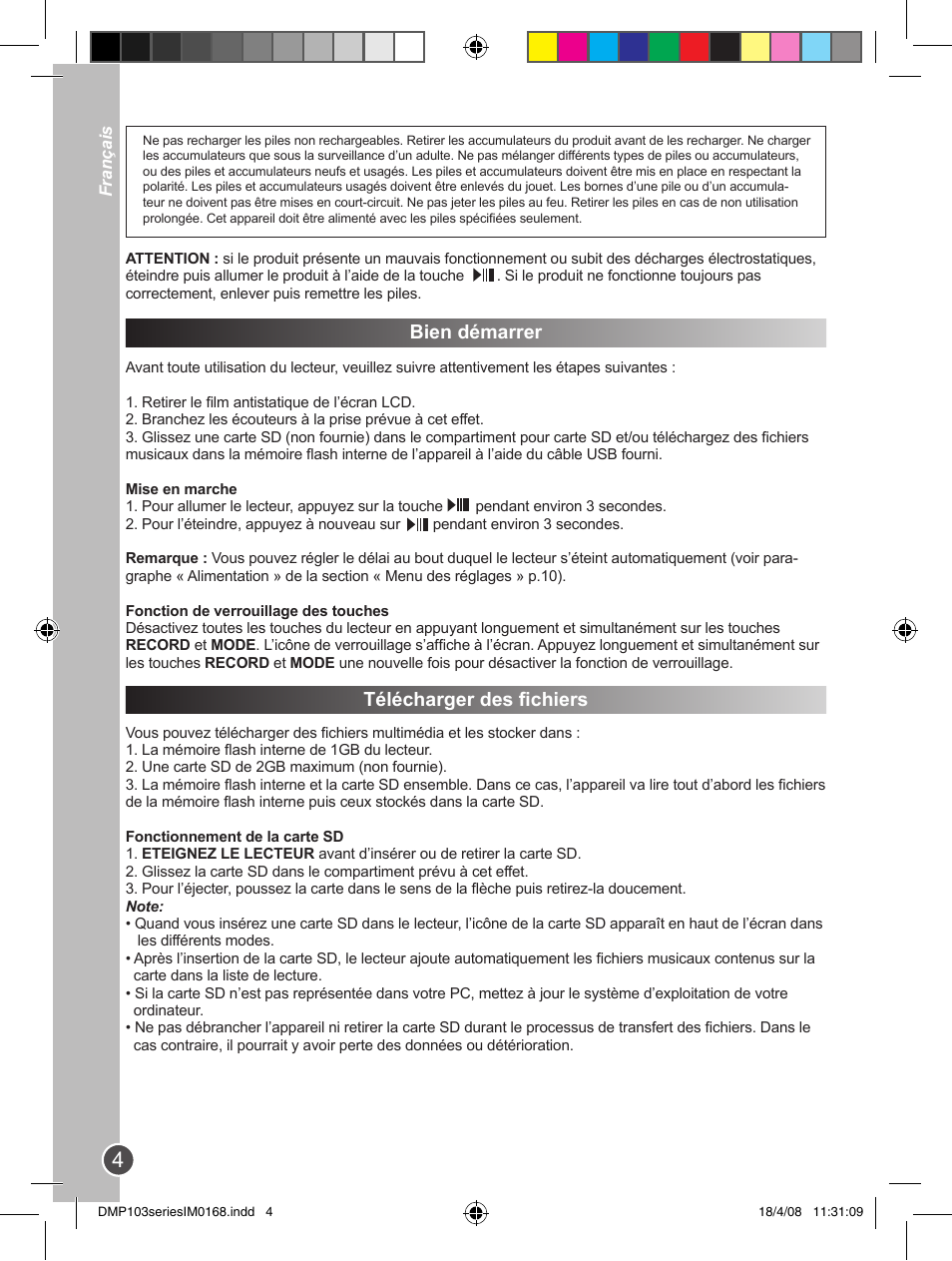 Bien démarrer, Télécharger des fichiers | Lexibook DMP103SP User Manual | Page 4 / 66