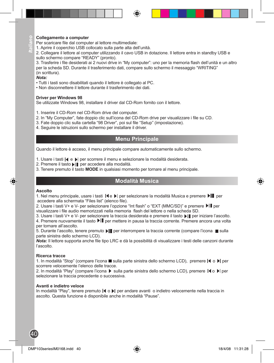 Menu principale, Modalità musica | Lexibook DMP103SP User Manual | Page 40 / 66