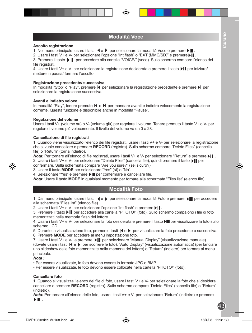 Modalità voce, Modalità foto | Lexibook DMP103SP User Manual | Page 43 / 66