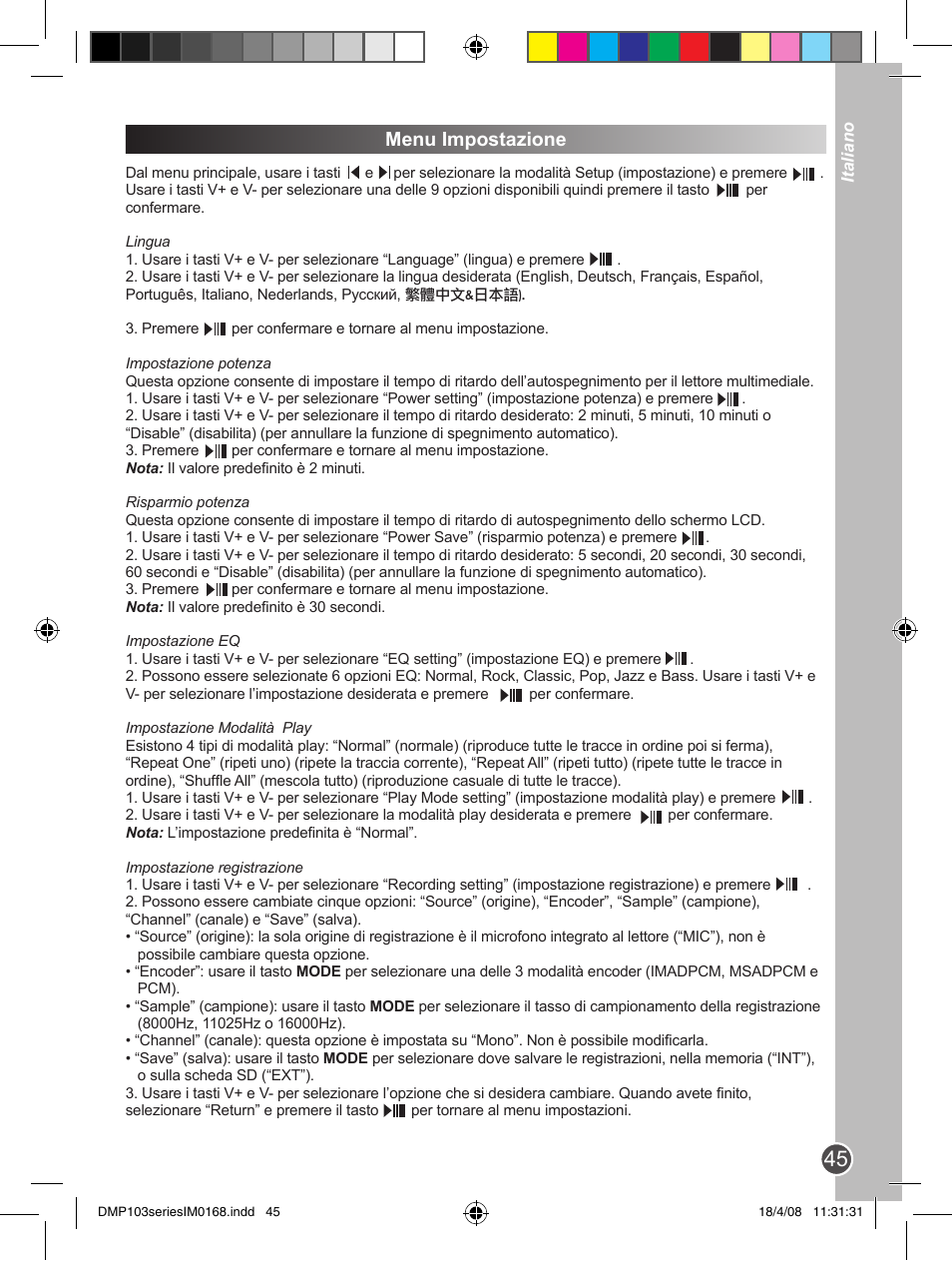 Menu impostazione | Lexibook DMP103SP User Manual | Page 45 / 66