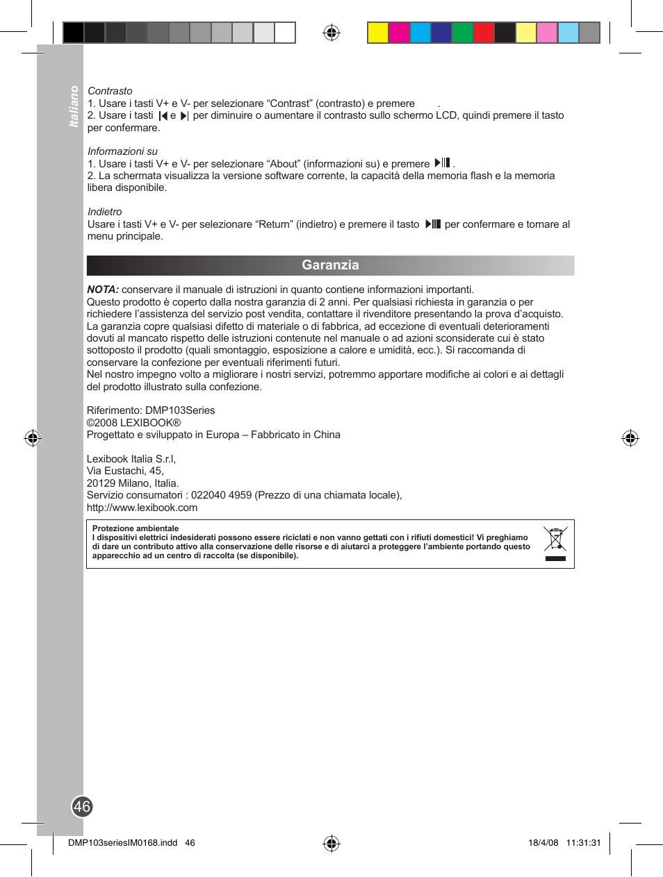 Garanzia | Lexibook DMP103SP User Manual | Page 46 / 66