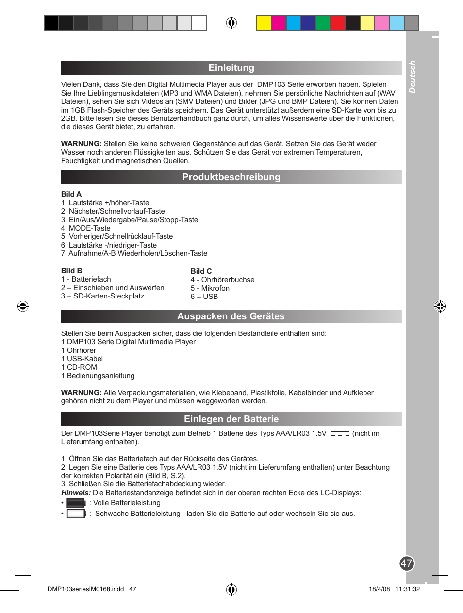 Einleitung, Produktbeschreibung, Auspacken des gerätes | Einlegen der batterie | Lexibook DMP103SP User Manual | Page 47 / 66