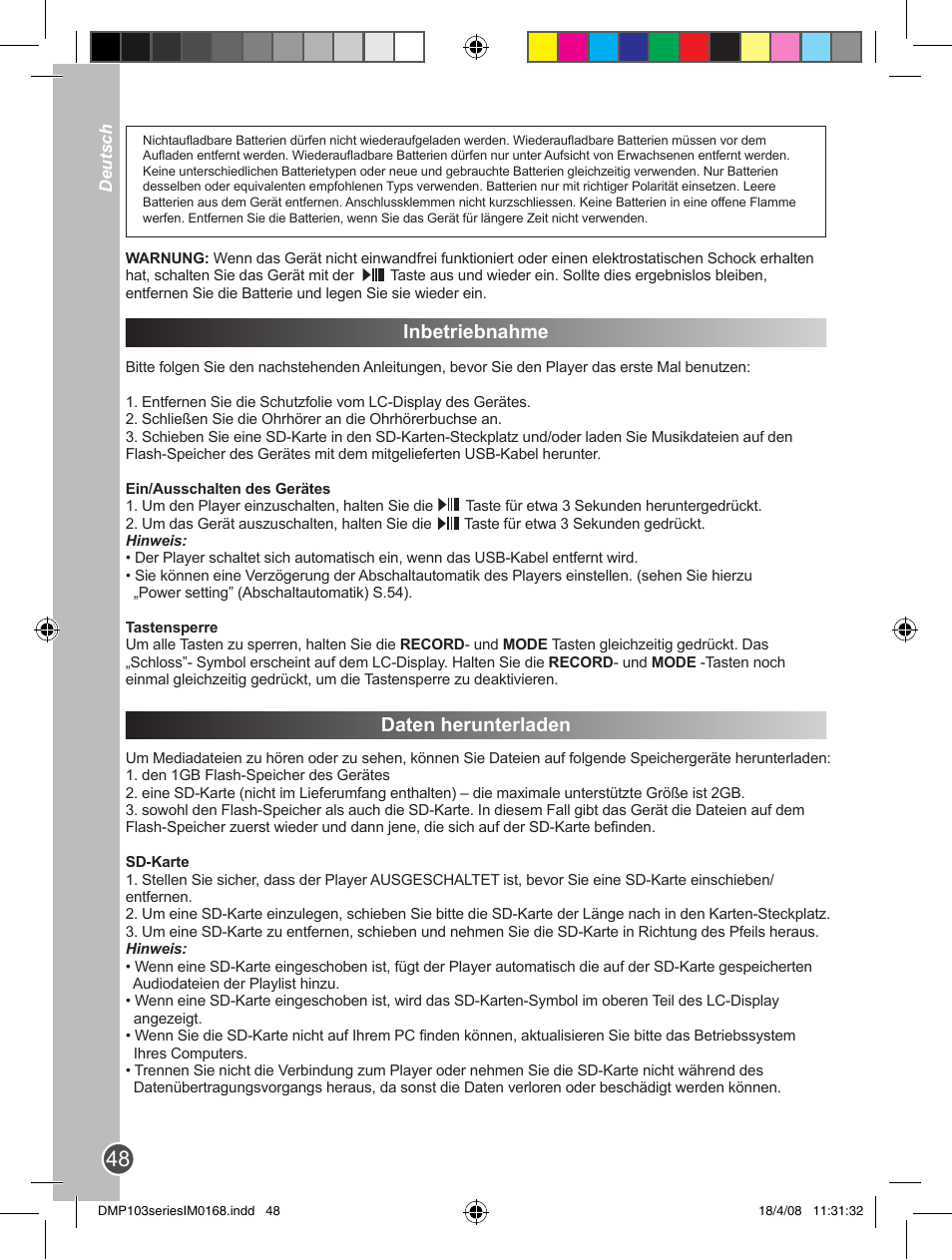 Inbetriebnahme, Daten herunterladen | Lexibook DMP103SP User Manual | Page 48 / 66