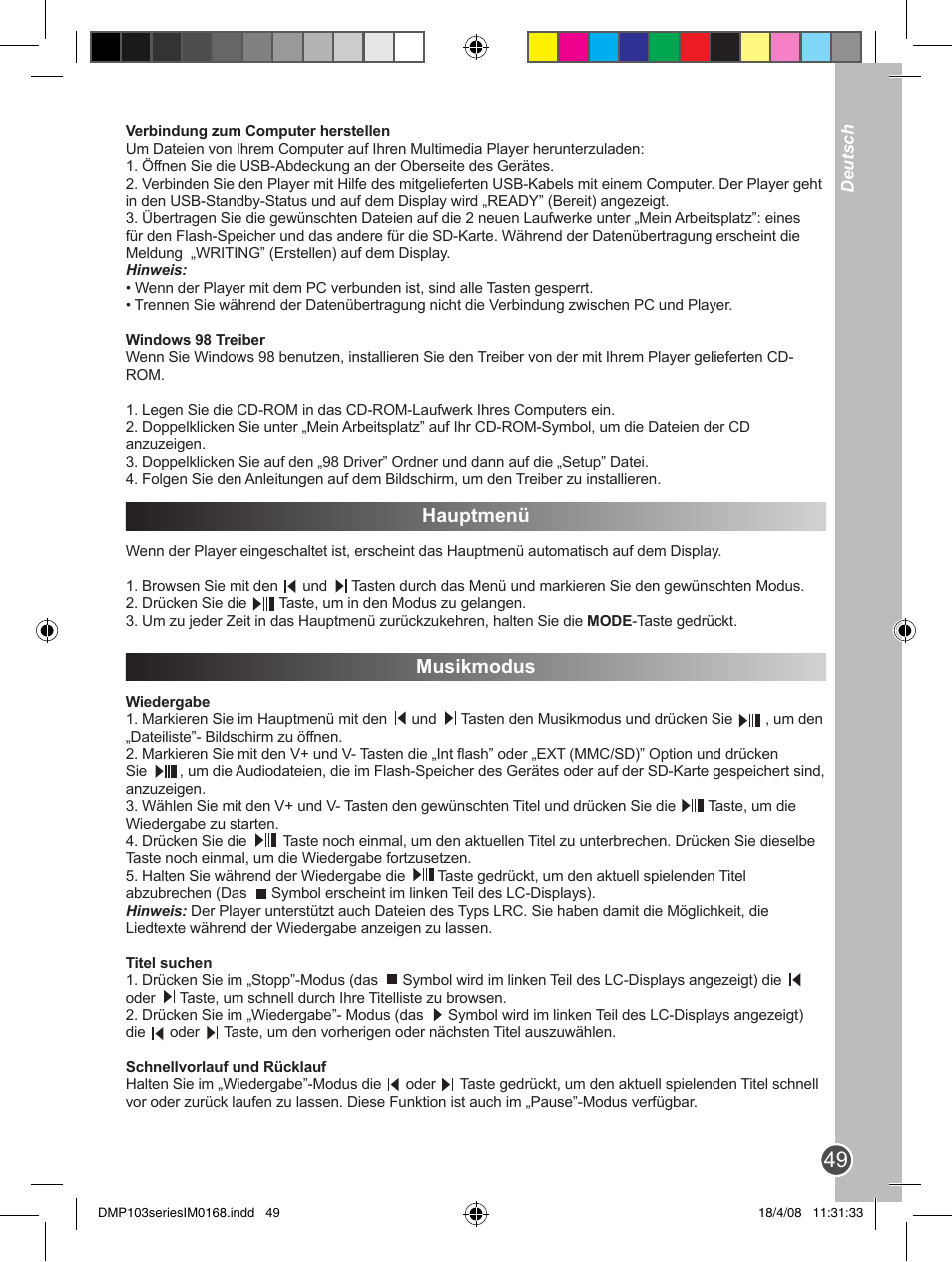 Hauptmenü, Musikmodus | Lexibook DMP103SP User Manual | Page 49 / 66