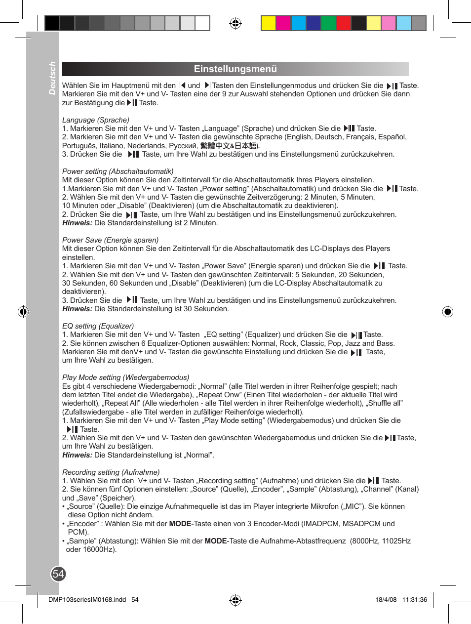 Einstellungsmenü | Lexibook DMP103SP User Manual | Page 54 / 66