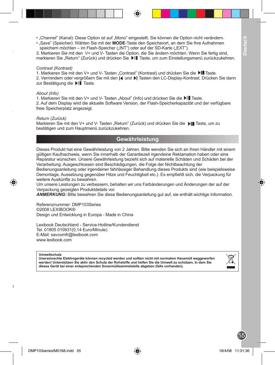 Gewährleistung | Lexibook DMP103SP User Manual | Page 55 / 66