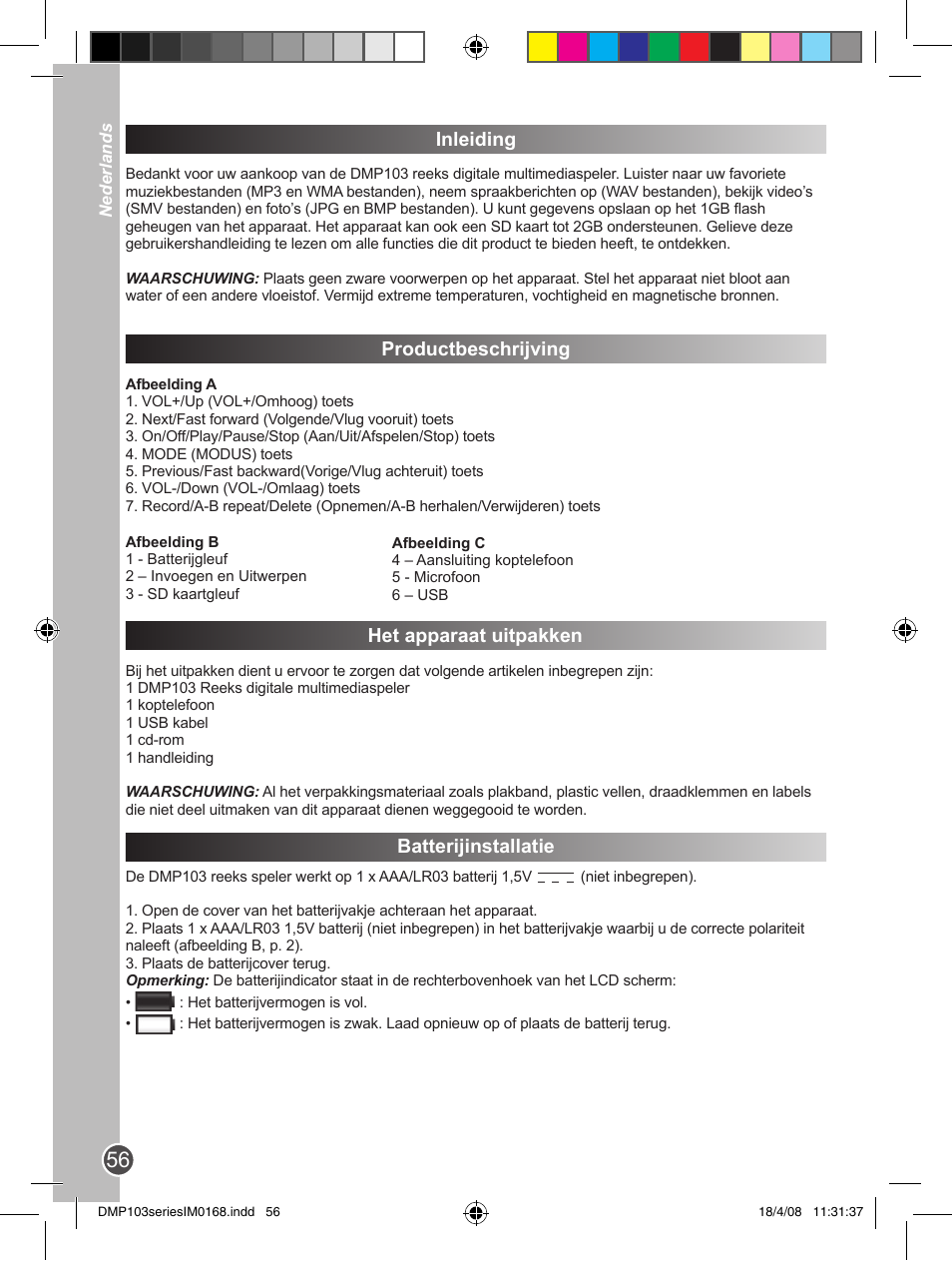 Inleiding, Productbeschrijving, Het apparaat uitpakken | Batterijinstallatie | Lexibook DMP103SP User Manual | Page 56 / 66