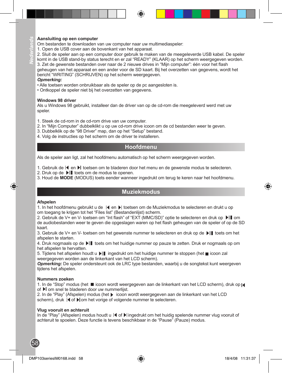 Hoofdmenu, Muziekmodus | Lexibook DMP103SP User Manual | Page 58 / 66