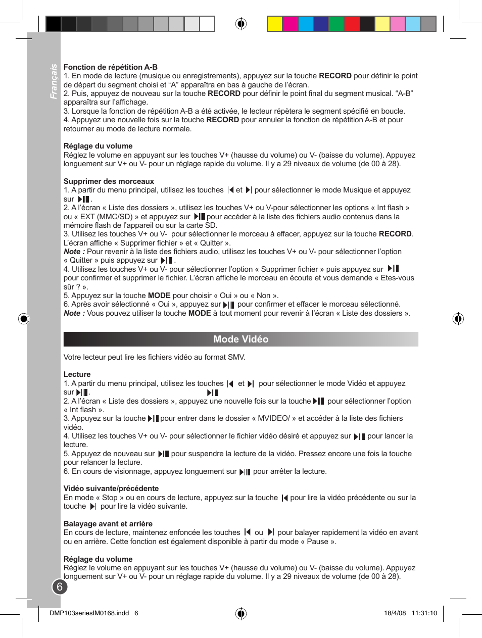 Mode vidéo | Lexibook DMP103SP User Manual | Page 6 / 66