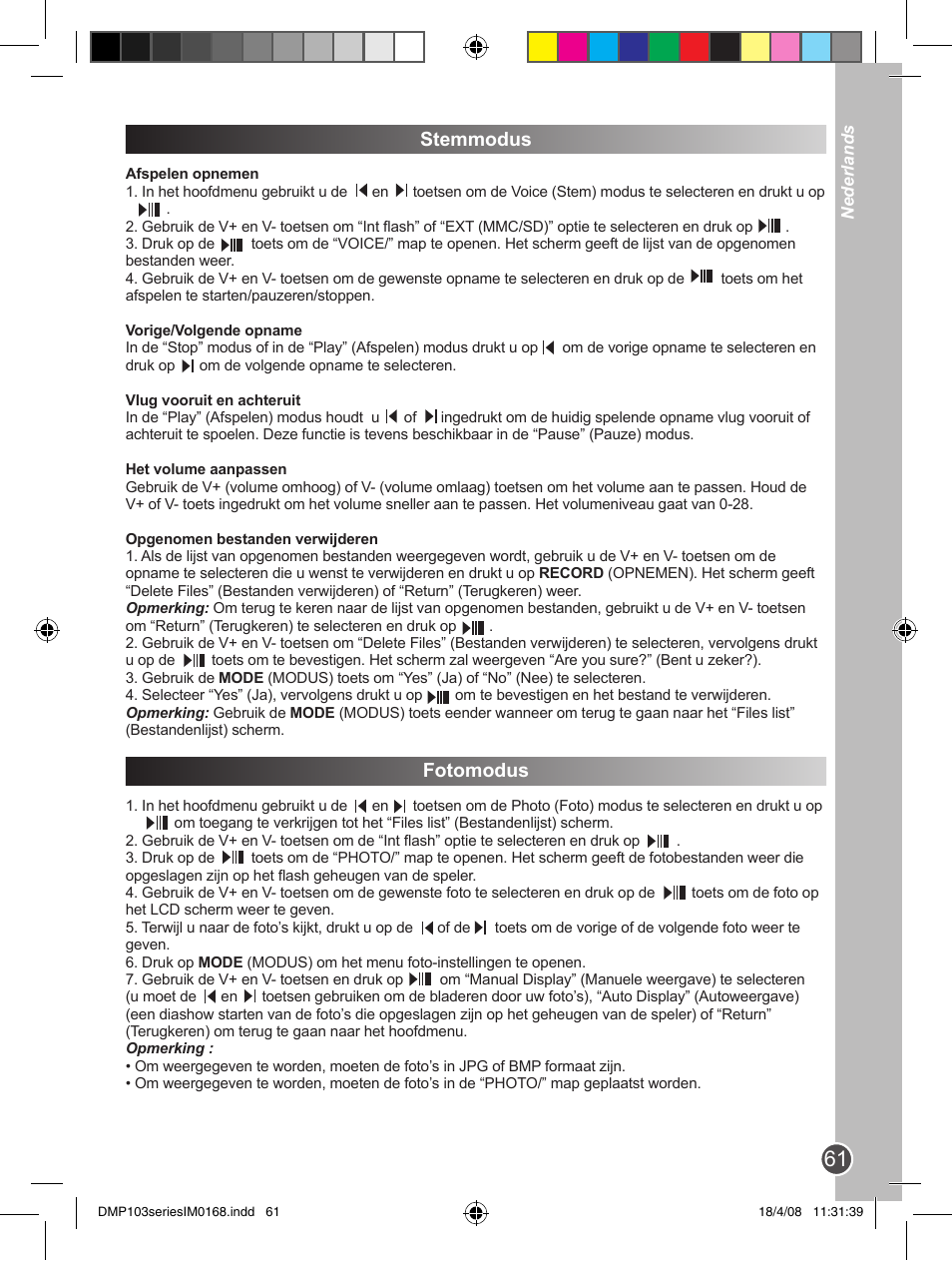 Stemmodus, Fotomodus | Lexibook DMP103SP User Manual | Page 61 / 66