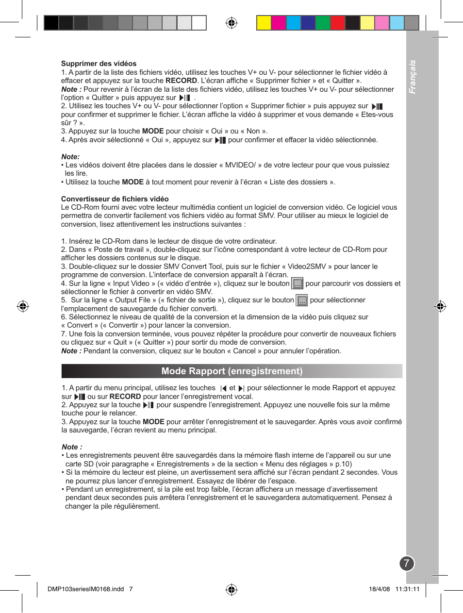 Mode rapport (enregistrement) | Lexibook DMP103SP User Manual | Page 7 / 66