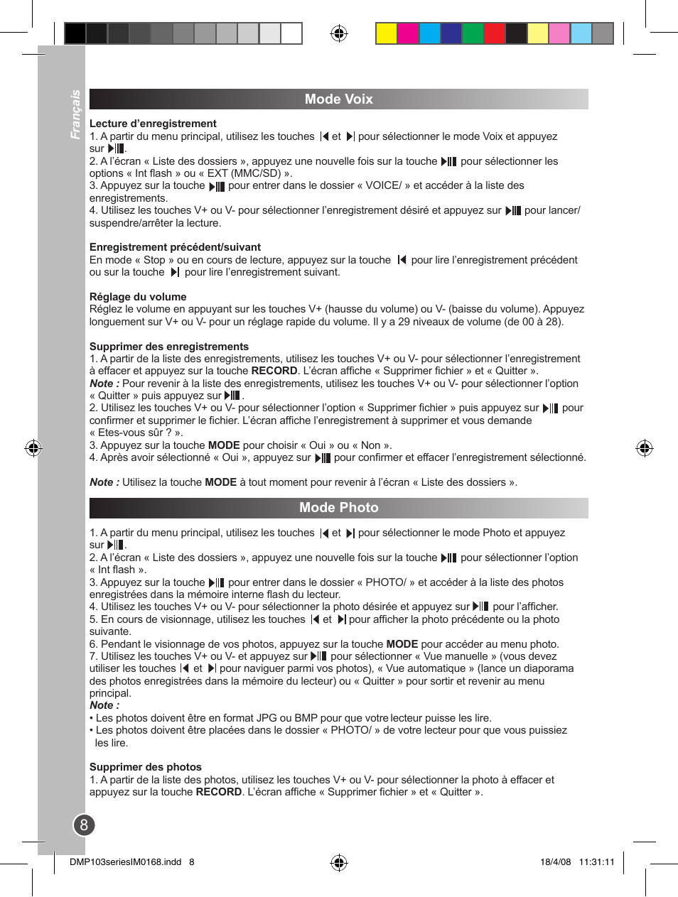 Mode voix, Mode photo | Lexibook DMP103SP User Manual | Page 8 / 66