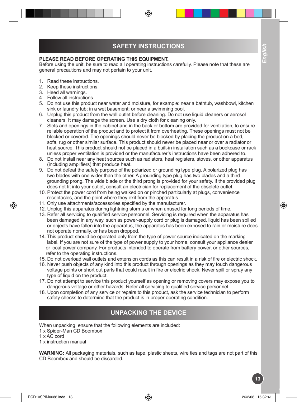 Safety instructions, Unpacking the device | Lexibook RCD10SP User Manual | Page 13 / 58