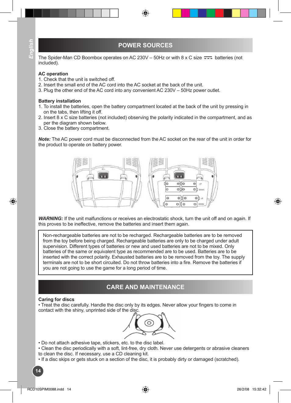 Power sources, Care and maintenance | Lexibook RCD10SP User Manual | Page 14 / 58