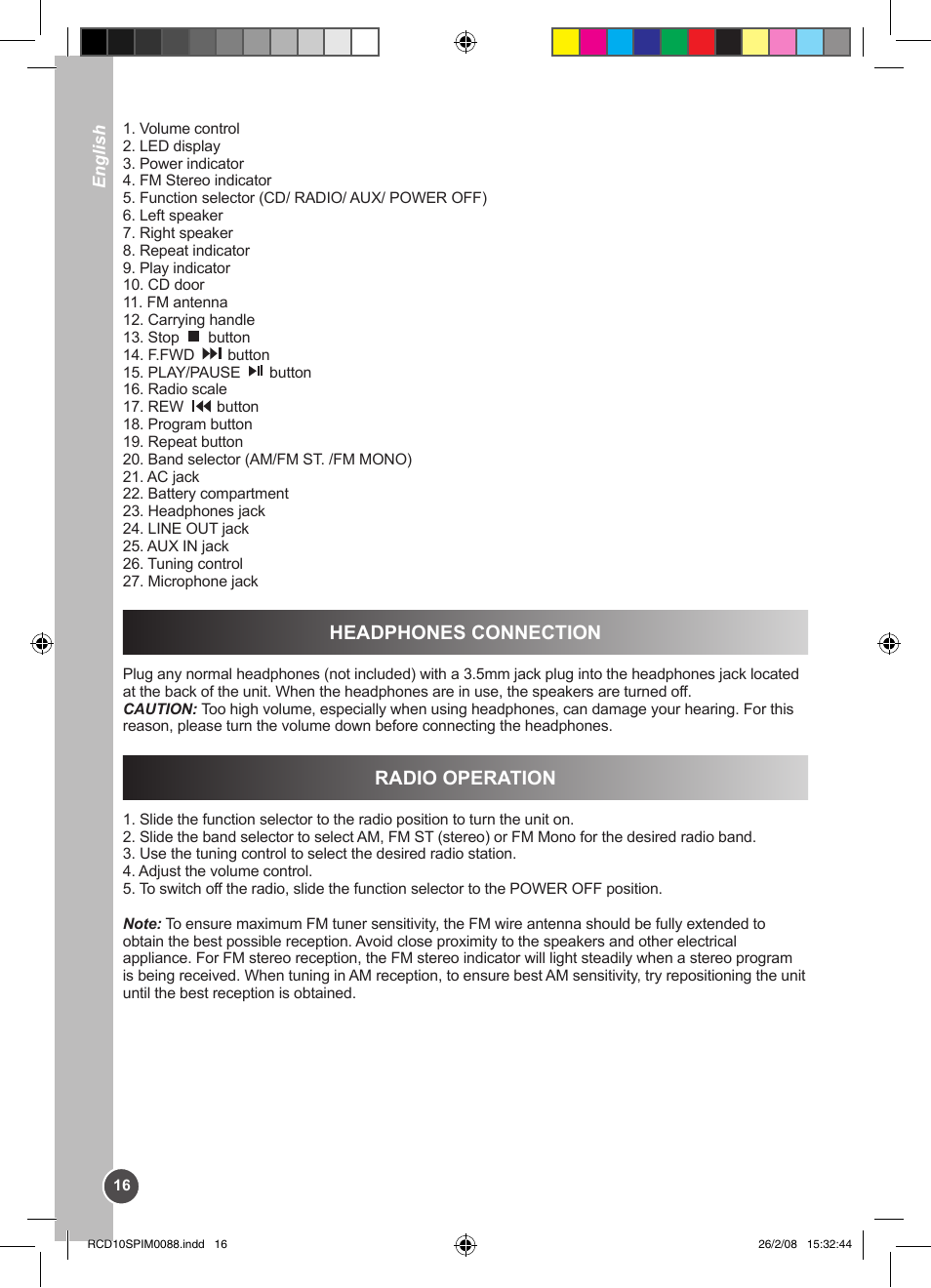 Headphones connection, Radio operation | Lexibook RCD10SP User Manual | Page 16 / 58