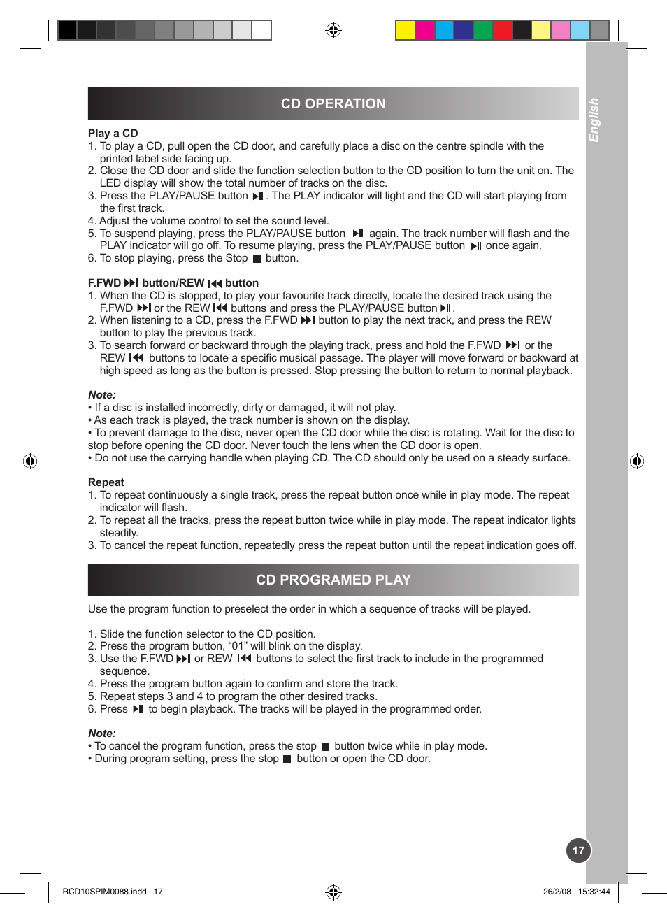Cd operation, Cd programed play | Lexibook RCD10SP User Manual | Page 17 / 58