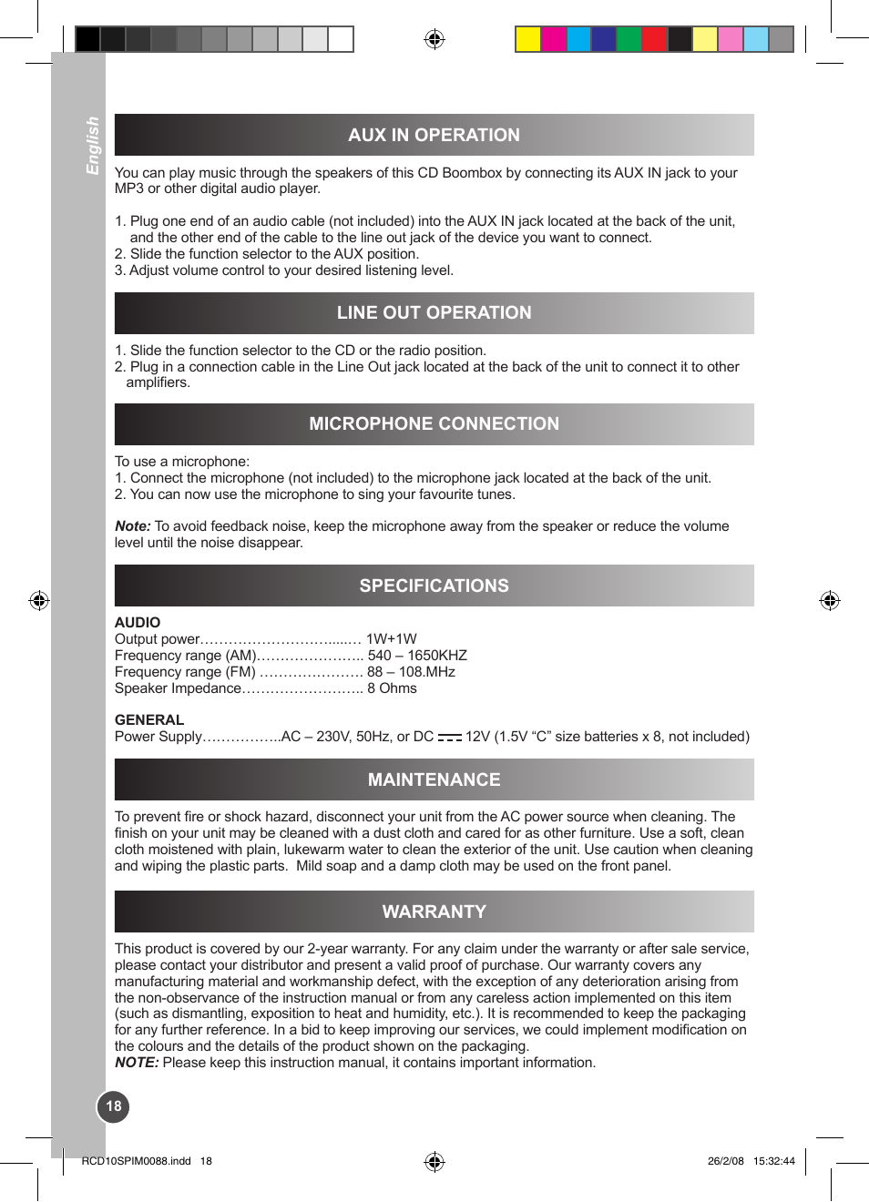 Aux in operation, Line out operation, Microphone connection | Specifications, Maintenance, Warranty | Lexibook RCD10SP User Manual | Page 18 / 58