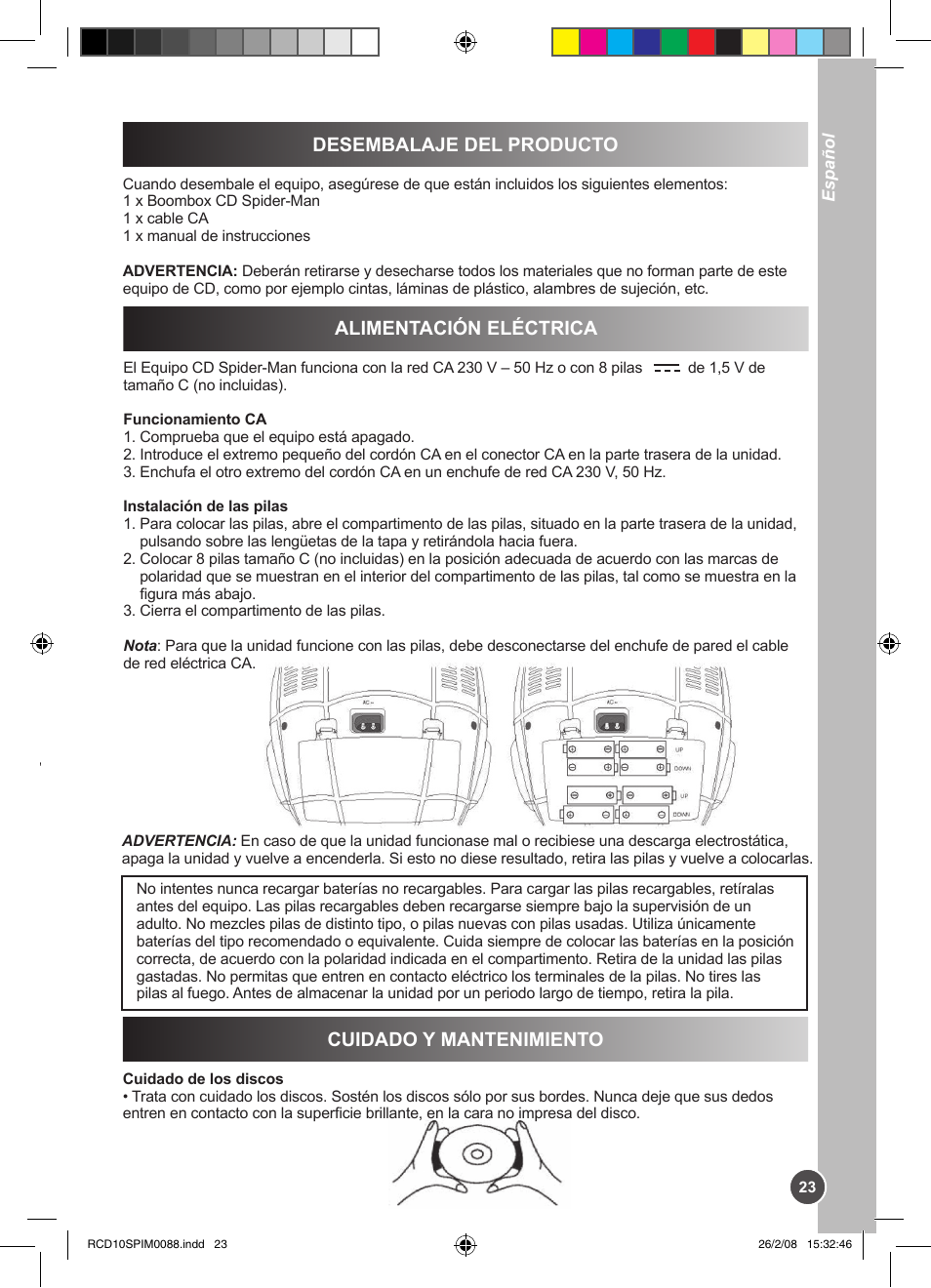 Desembalaje del producto, Alimentación eléctrica, Cuidado y mantenimiento | Lexibook RCD10SP User Manual | Page 23 / 58