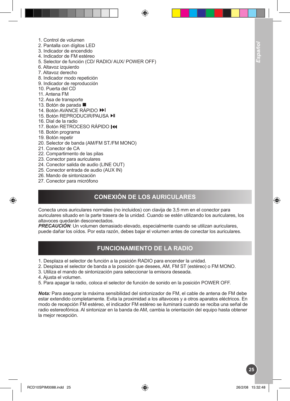Conexión de los auriculares, Funcionamiento de la radio | Lexibook RCD10SP User Manual | Page 25 / 58