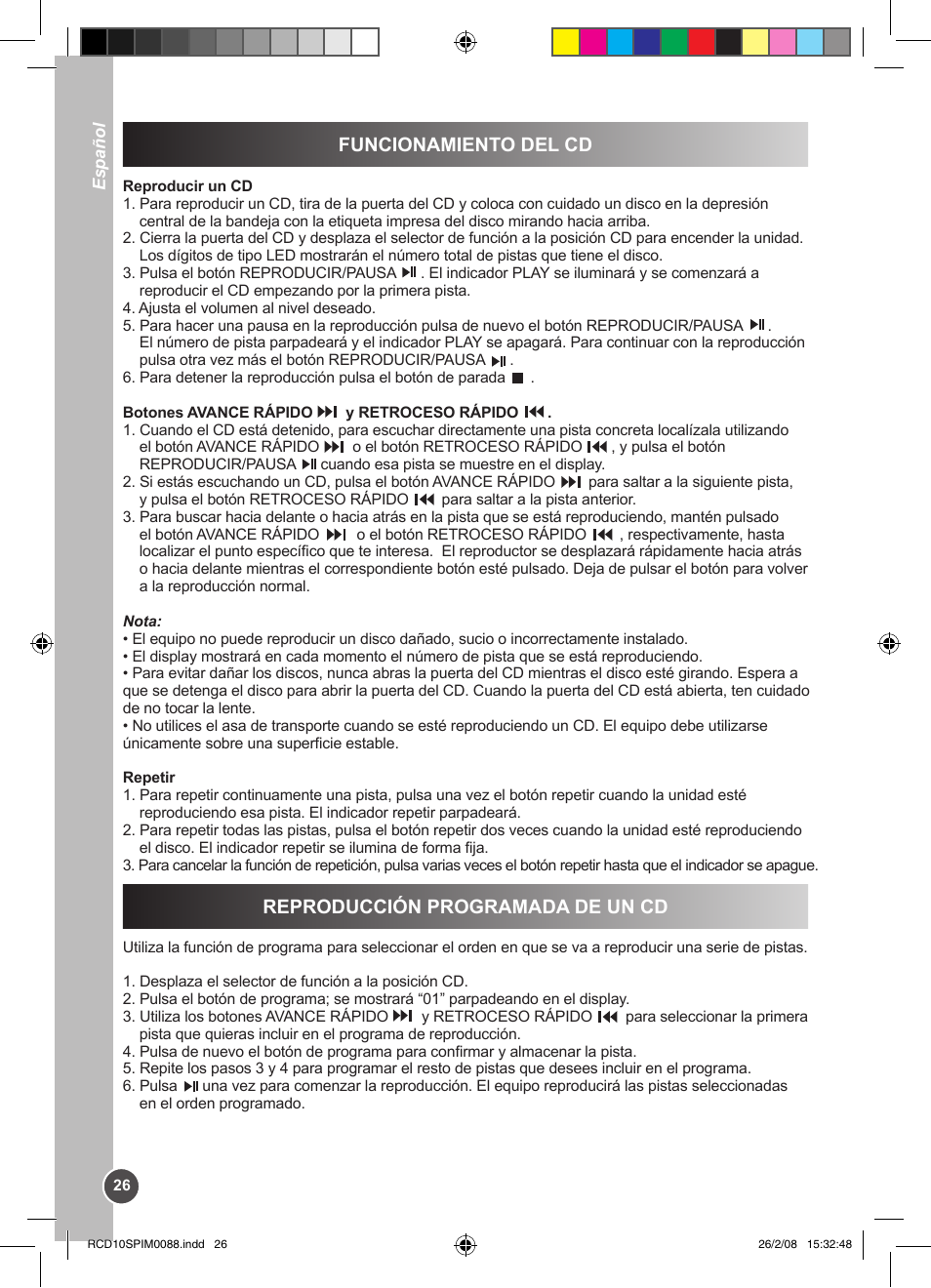 Funcionamiento del cd, Reproducción programada de un cd | Lexibook RCD10SP User Manual | Page 26 / 58
