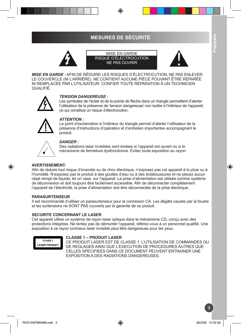 Mesures de sécurité | Lexibook RCD10SP User Manual | Page 3 / 58