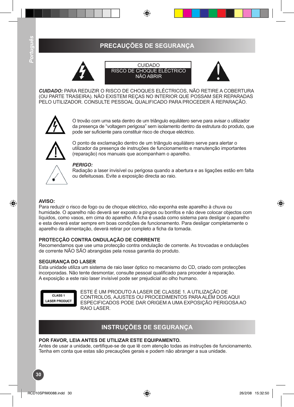 Precauções de segurança, Instruções de segurança | Lexibook RCD10SP User Manual | Page 30 / 58
