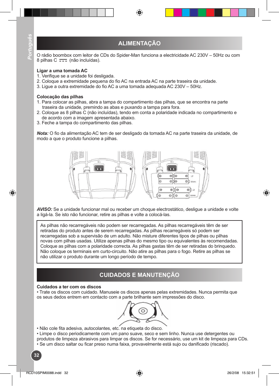 Alimentação, Cuidados e manutenção | Lexibook RCD10SP User Manual | Page 32 / 58