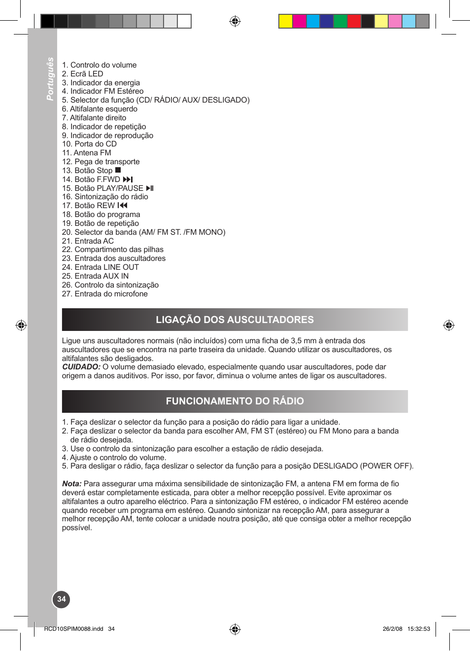 Ligação dos auscultadores, Funcionamento do rádio | Lexibook RCD10SP User Manual | Page 34 / 58
