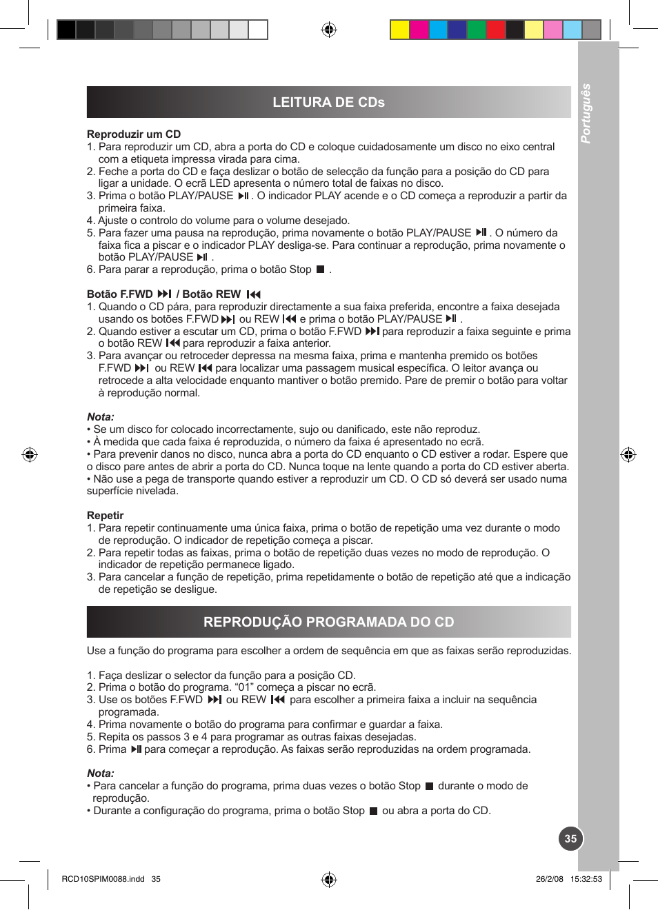 Leitura de cds, Reprodução programada do cd | Lexibook RCD10SP User Manual | Page 35 / 58