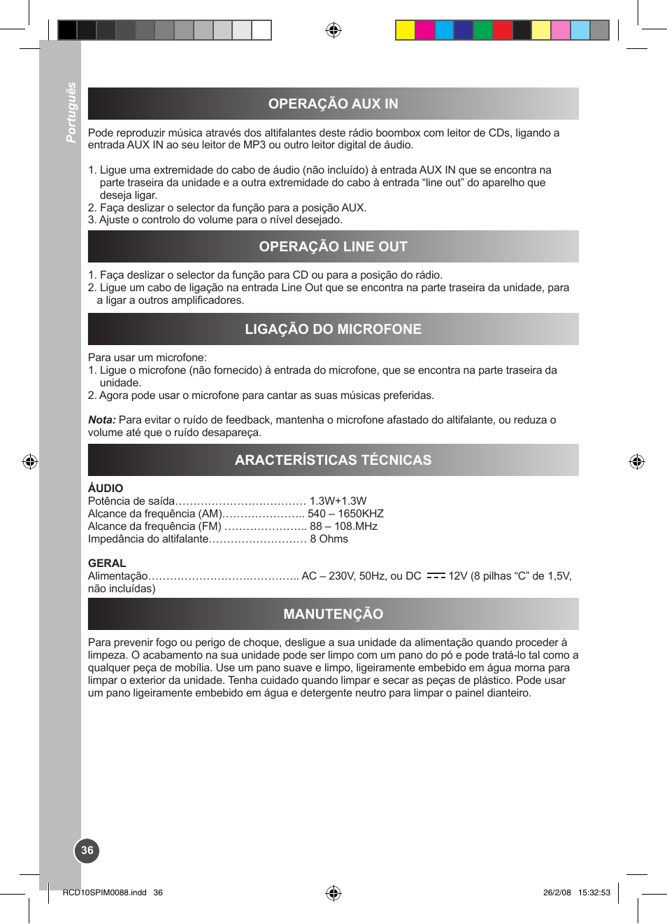 Operação aux in, Operação line out, Ligação do microfone | Aracterísticas técnicas, Manutenção | Lexibook RCD10SP User Manual | Page 36 / 58