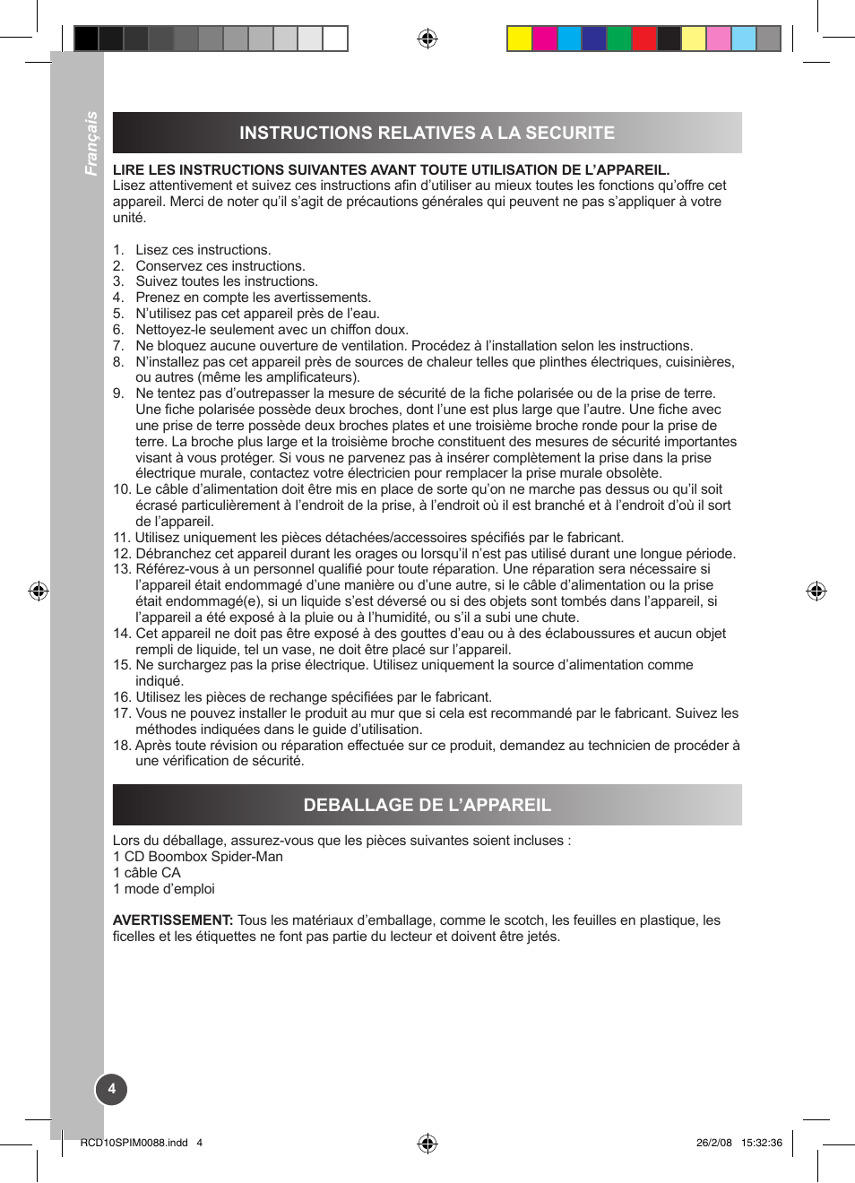 Instructions relatives a la securite, Deballage de l’appareil | Lexibook RCD10SP User Manual | Page 4 / 58