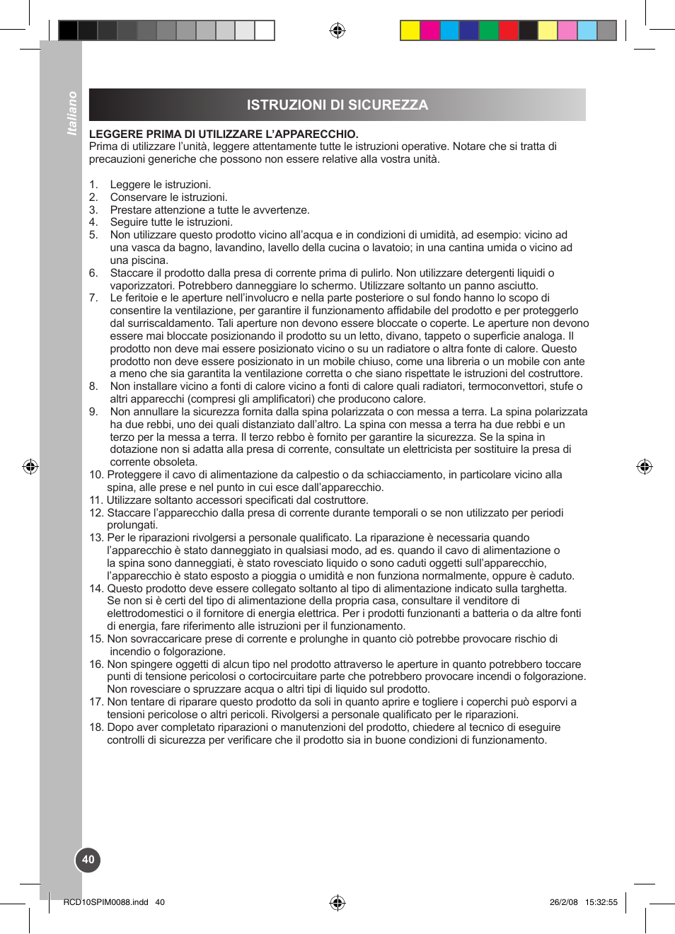 Istruzioni di sicurezza | Lexibook RCD10SP User Manual | Page 40 / 58