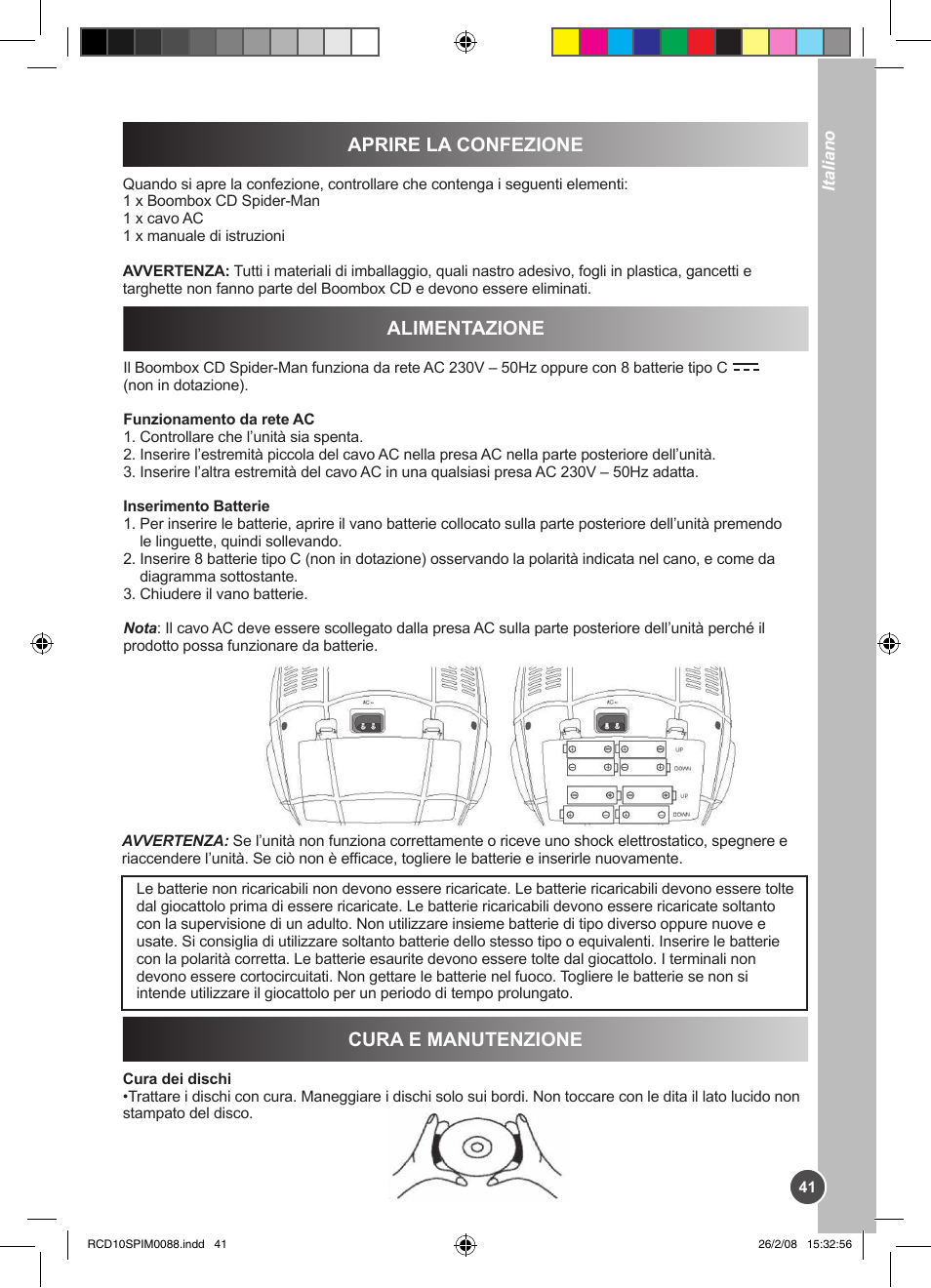 Aprire la confezione, Alimentazione, Cura e manutenzione | Lexibook RCD10SP User Manual | Page 41 / 58