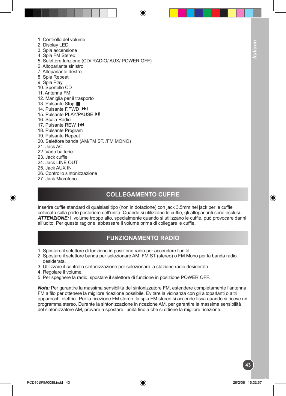 Collegamento cuffie, Funzionamento radio | Lexibook RCD10SP User Manual | Page 43 / 58