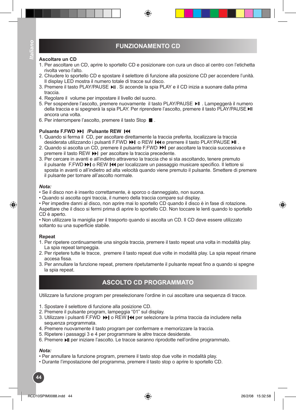Funzionamento cd, Ascolto cd programmato | Lexibook RCD10SP User Manual | Page 44 / 58