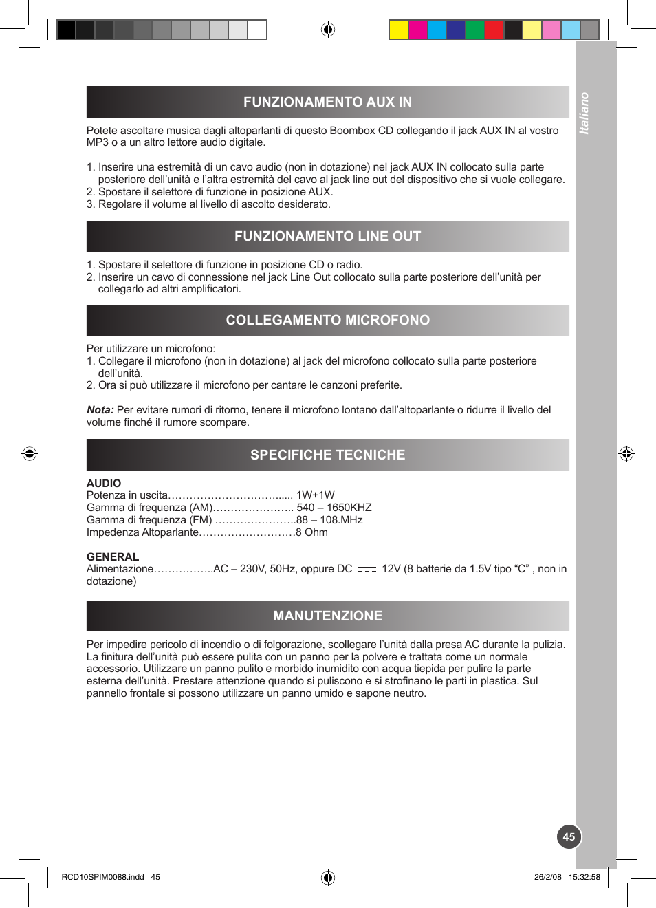Funzionamento aux in, Funzionamento line out, Collegamento microfono | Specifiche tecniche, Manutenzione | Lexibook RCD10SP User Manual | Page 45 / 58