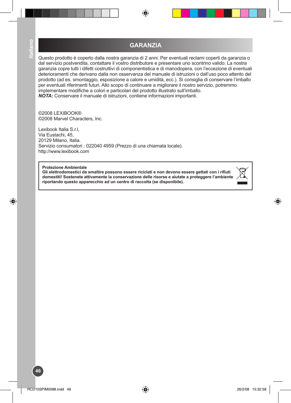 Garanzia | Lexibook RCD10SP User Manual | Page 46 / 58