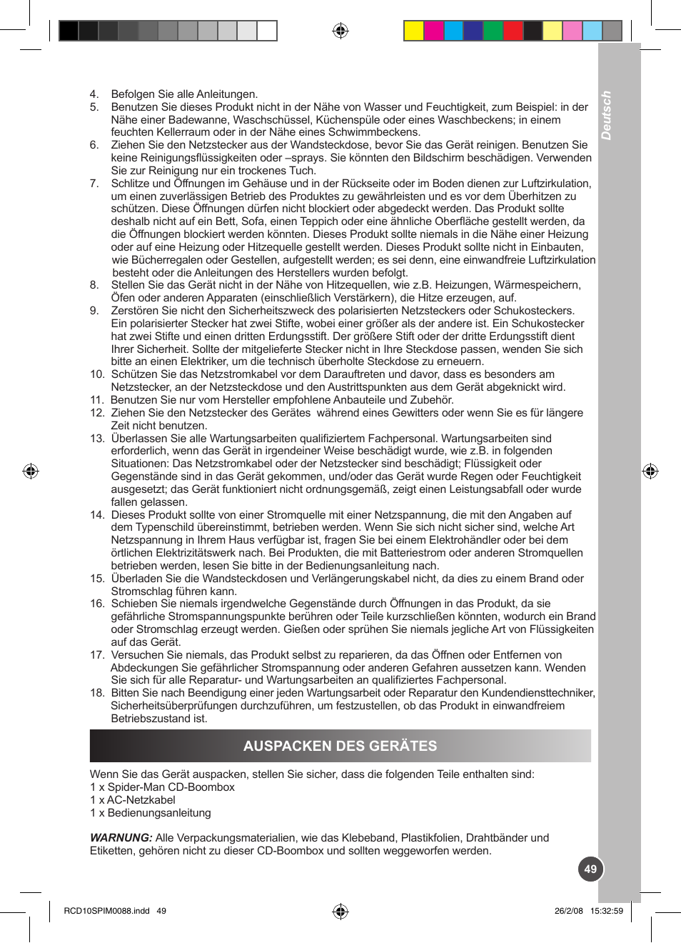 Auspacken des gerätes | Lexibook RCD10SP User Manual | Page 49 / 58