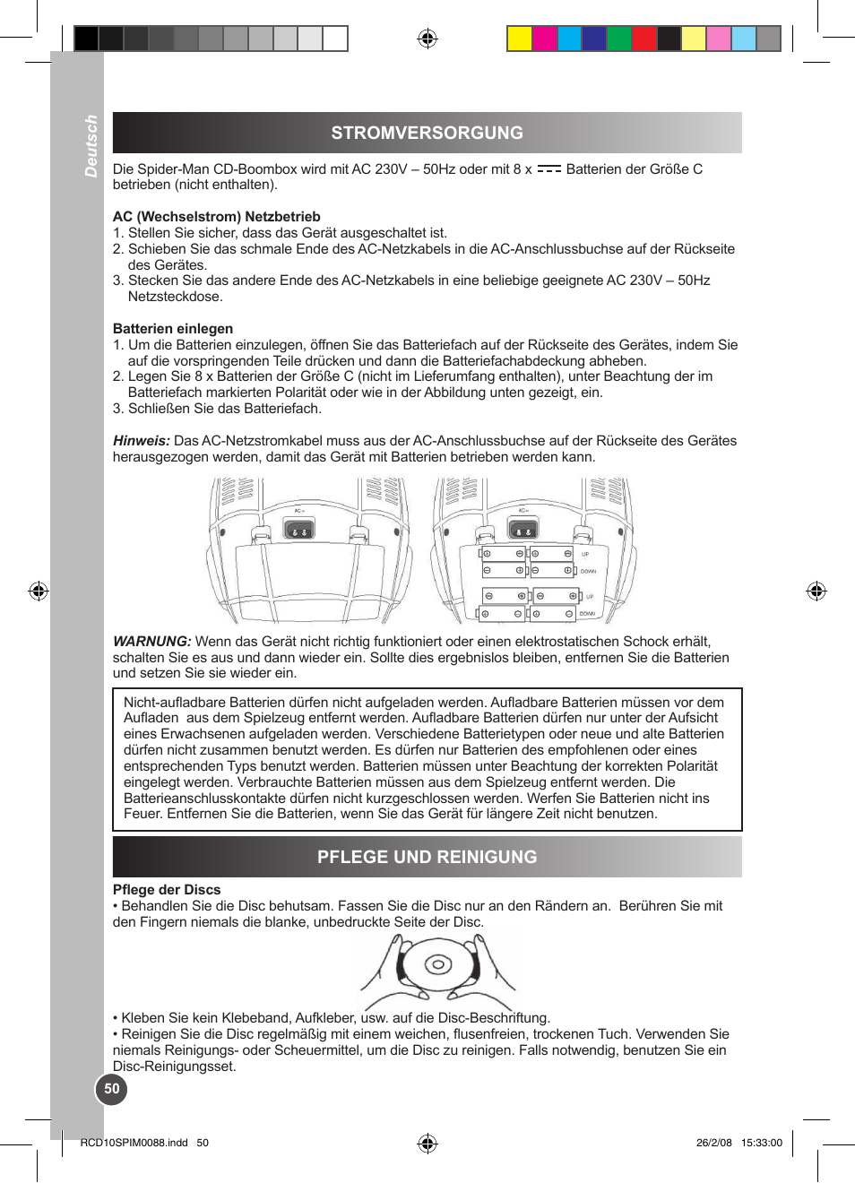 Stromversorgung, Pflege und reinigung | Lexibook RCD10SP User Manual | Page 50 / 58