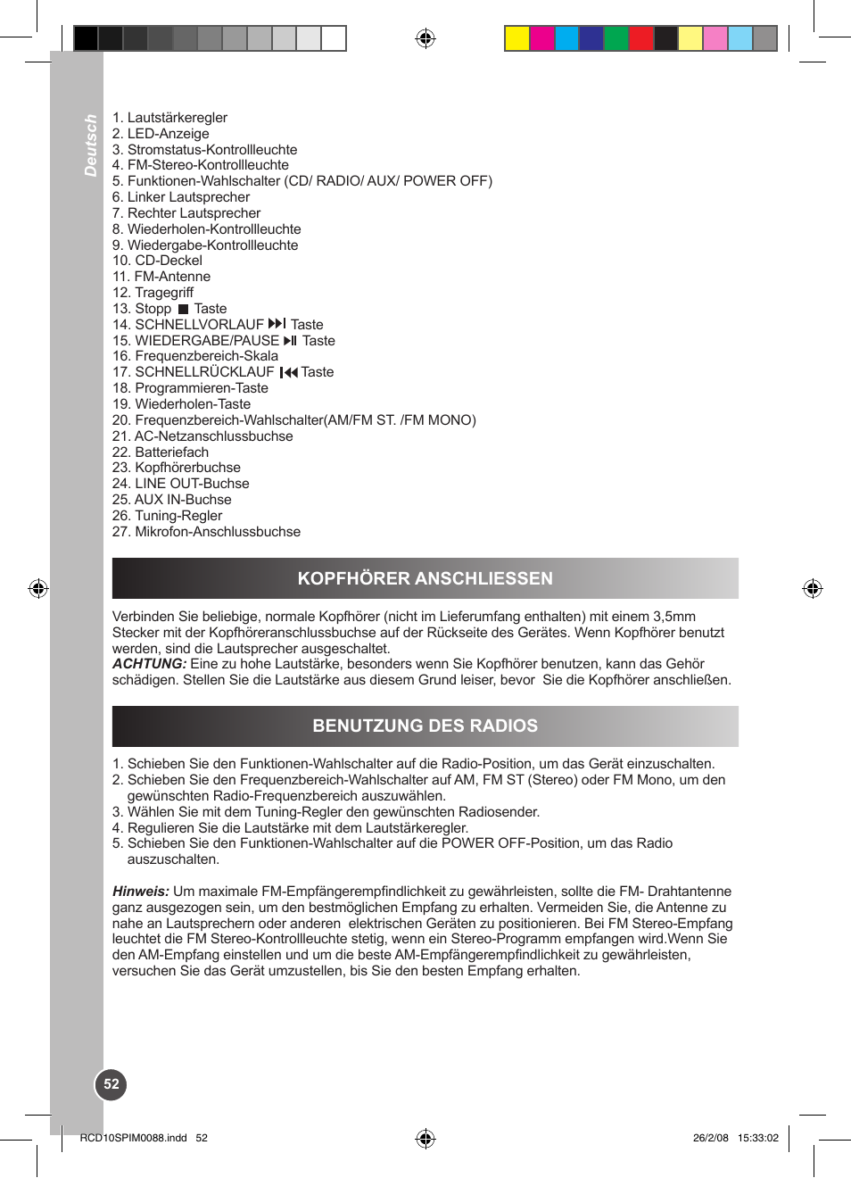 Kopfhörer anschliessen, Benutzung des radios | Lexibook RCD10SP User Manual | Page 52 / 58
