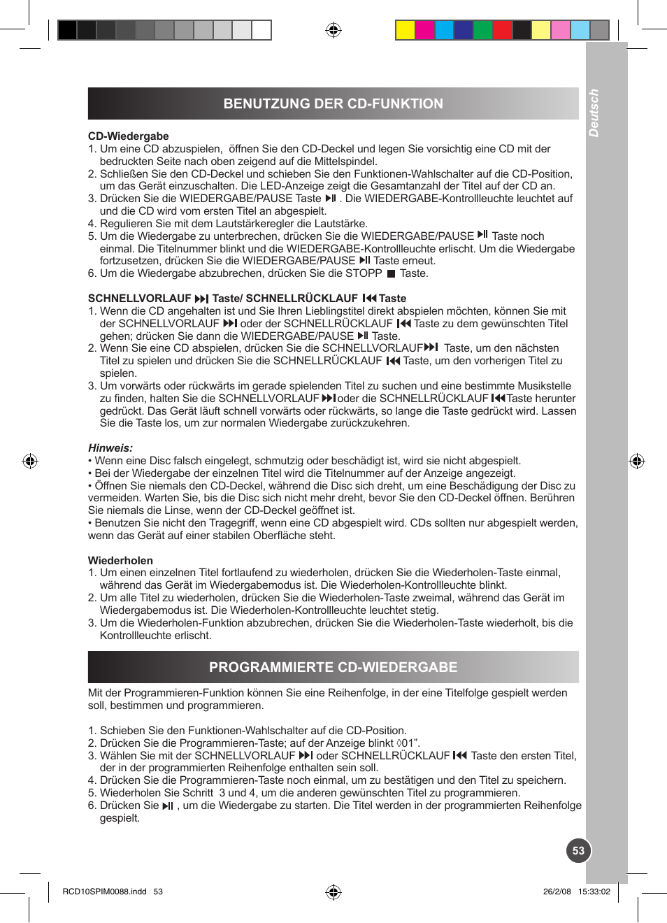 Benutzung der cd-funktion, Programmierte cd-wiedergabe | Lexibook RCD10SP User Manual | Page 53 / 58