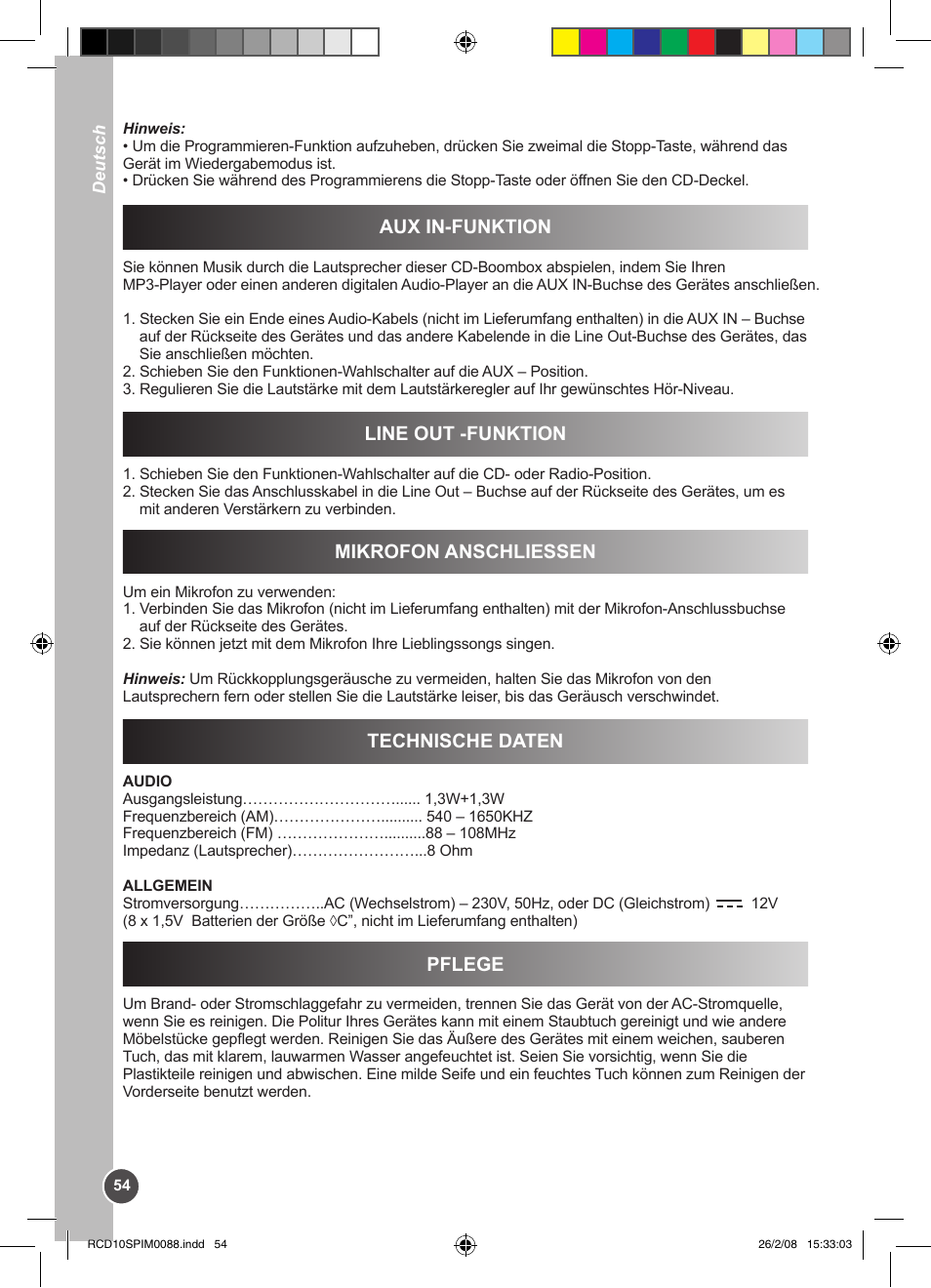 Aux in-funktion, Line out -funktion, Mikrofon anschliessen | Technische daten, Pflege | Lexibook RCD10SP User Manual | Page 54 / 58
